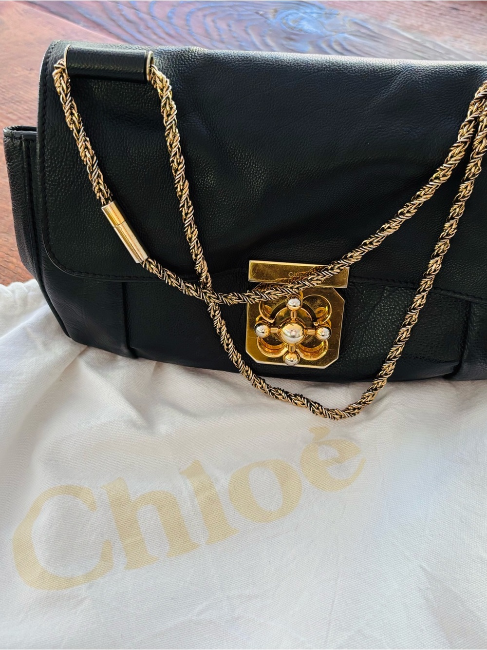 Chloé Black Leather Shoulder Bag with Gold Floral Turnlock